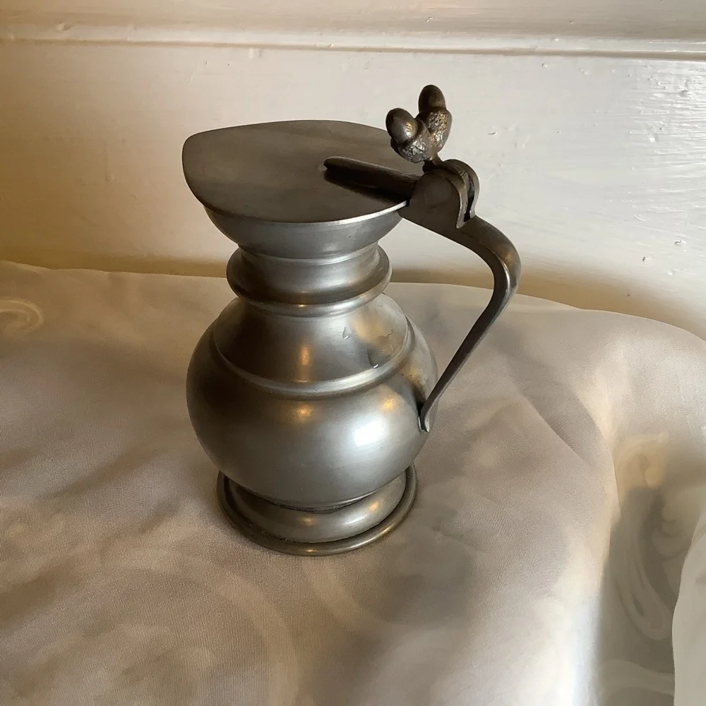 Vintage Italian Pewter 95% Syrup Pitcher With Handle and Lid Double Acorn 4.25